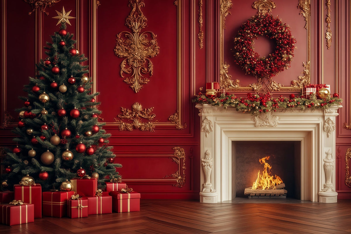 Christmas Fireplace Backdrop Vintage Crimson Mantel Wreath Backdrops Christmas UK RR69-11