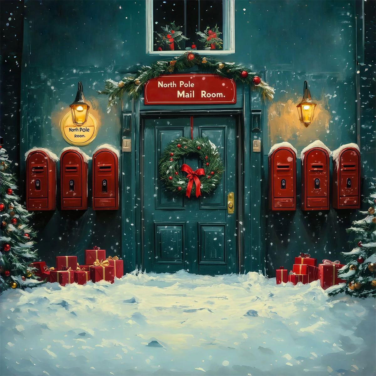 North Pole Christmas Backdrop Snowy Mail Room Door Photo Backdrops Christmas UK RR69-14