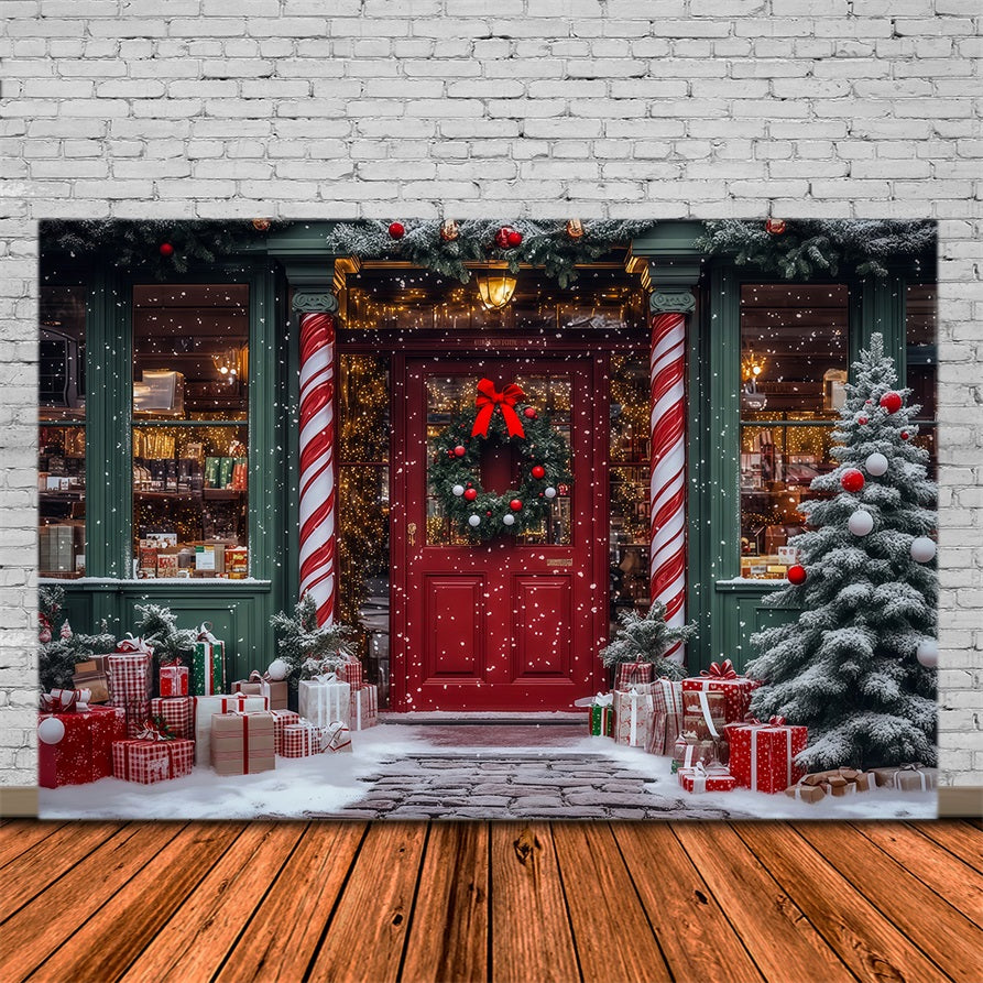 Christmas Toy Shop Backdrop Candy Cane Store Entrance Christmas Studio Backdrop UK RR69-16