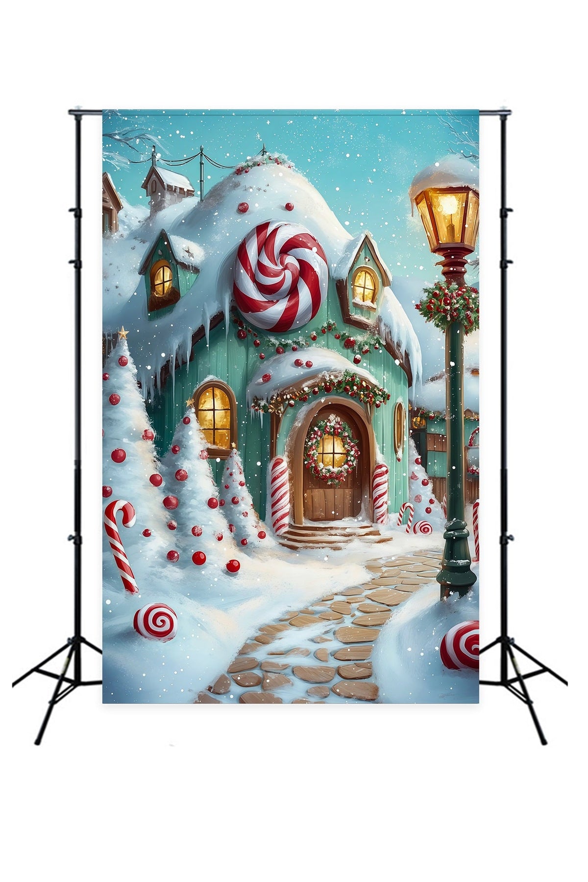 Christmas Candy Backdrop Snowy Gingerbread Cottage Pathway Indoor Christmas Backdrop UK RR69-18