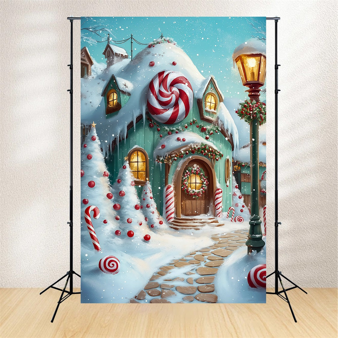 Christmas Candy Backdrop Snowy Gingerbread Cottage Pathway Indoor Christmas Backdrop UK RR69-18