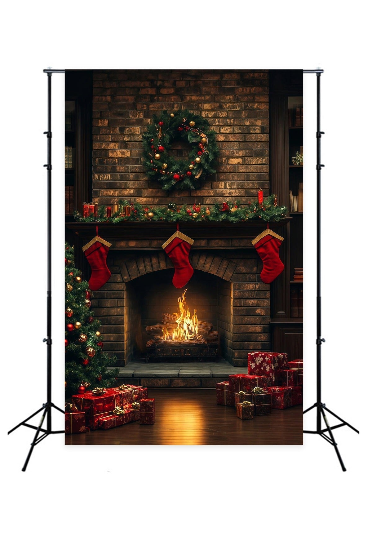 Cozy Christmas Backdrop Brick Fireplace Stocking Glow Studio Christmas Backdrop UK RR69-23