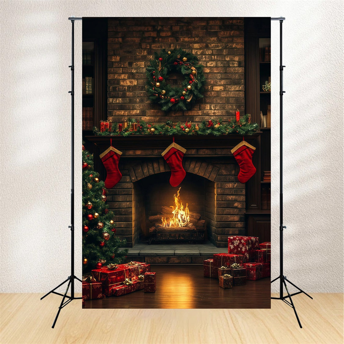 Cozy Christmas Backdrop Brick Fireplace Stocking Glow Studio Christmas Backdrop UK RR69-23