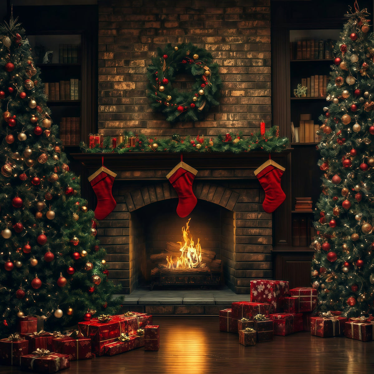 Cozy Christmas Backdrop Brick Fireplace Stocking Glow Studio Christmas Backdrop UK RR69-23
