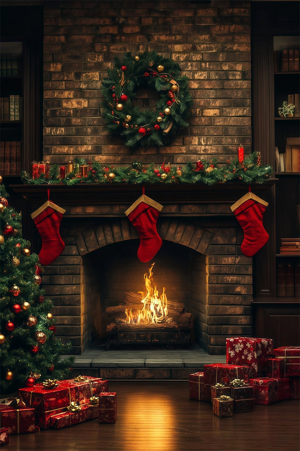 Cozy Christmas Backdrop Brick Fireplace Stocking Glow Studio Christmas Backdrop UK RR69-23