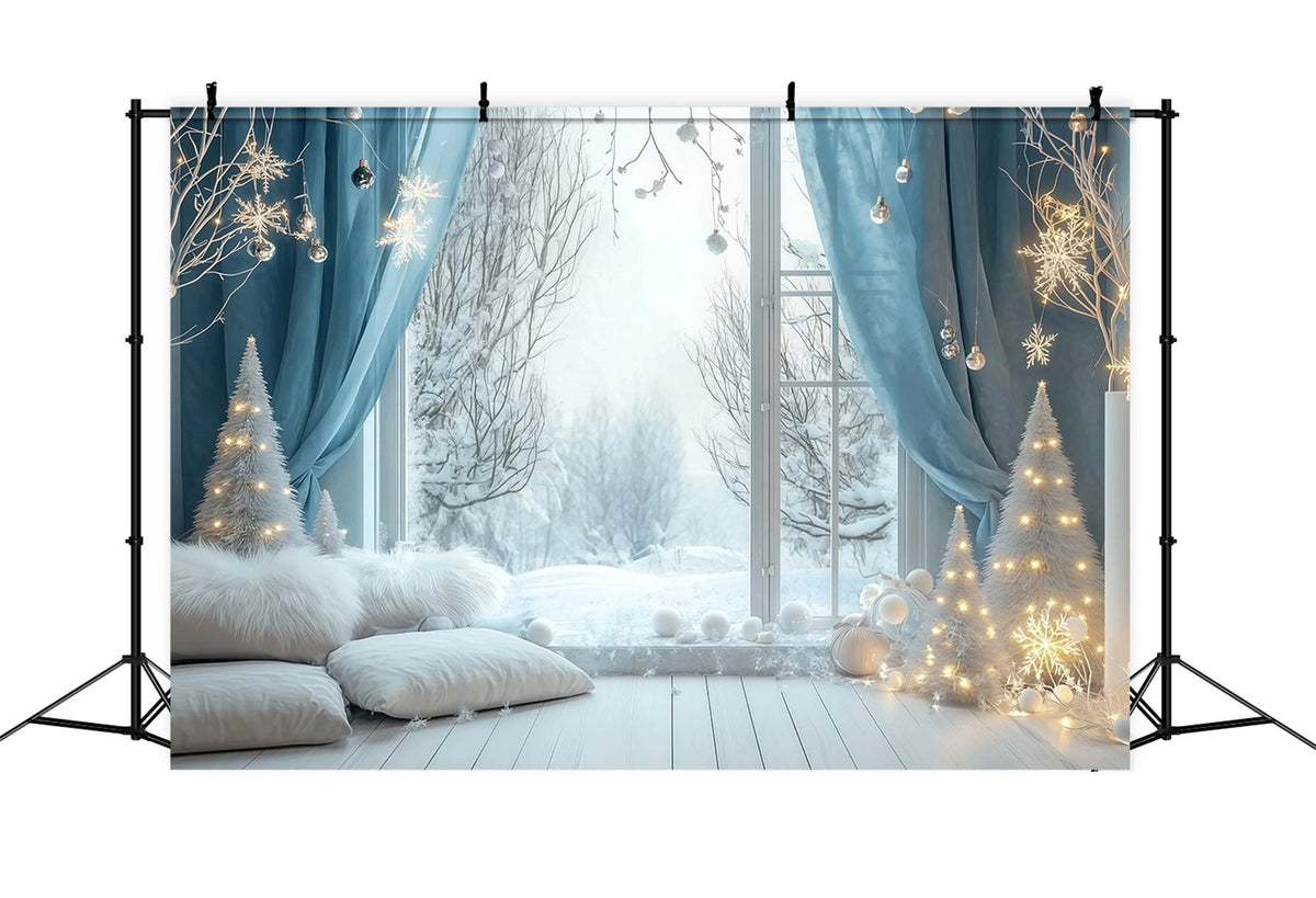 Christmas Lights Backdrop Snowy Blue Window Bedroom Studio Christmas Backdrops UK RR69-24