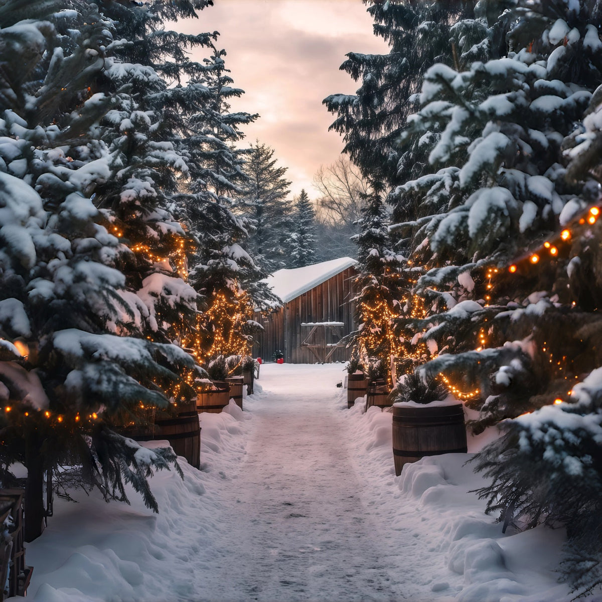 Christmas Cabin Backdrop Snowy Forest Light Path Christmas Studio Backdrop UK RR69-25