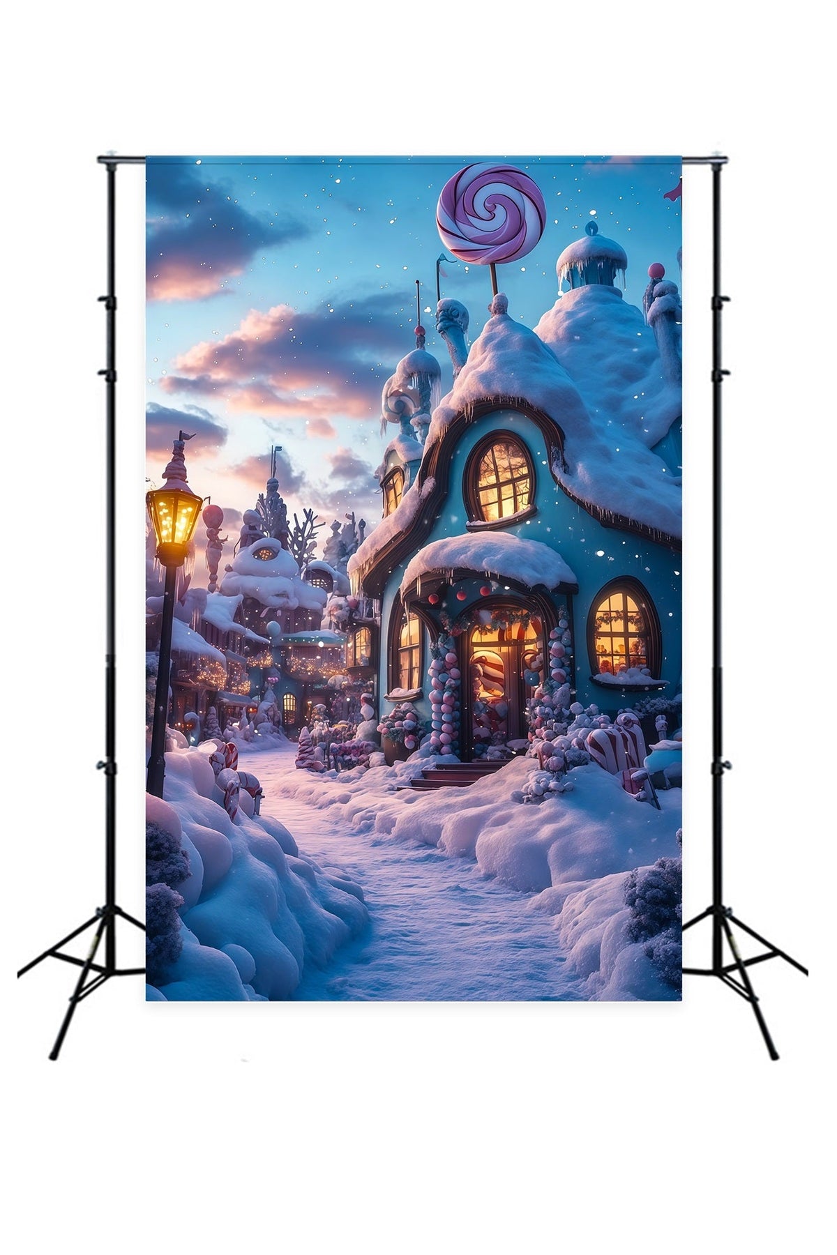 Christmas Village Backdrop Candyland Snowy Cottage Indoor Christmas Backdrops UK RR69-28