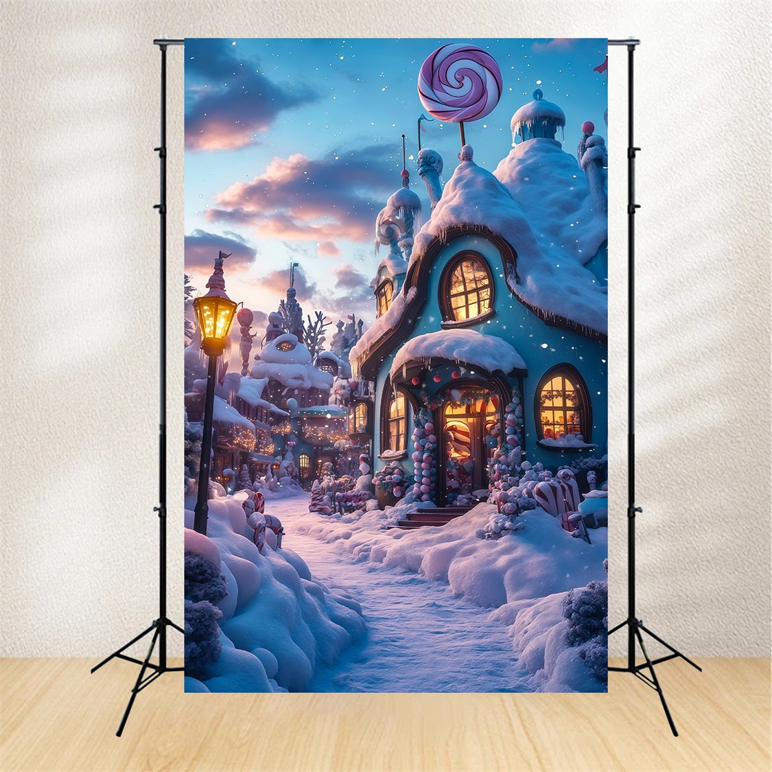 Christmas Village Backdrop Candyland Snowy Cottage Indoor Christmas Backdrops UK RR69-28