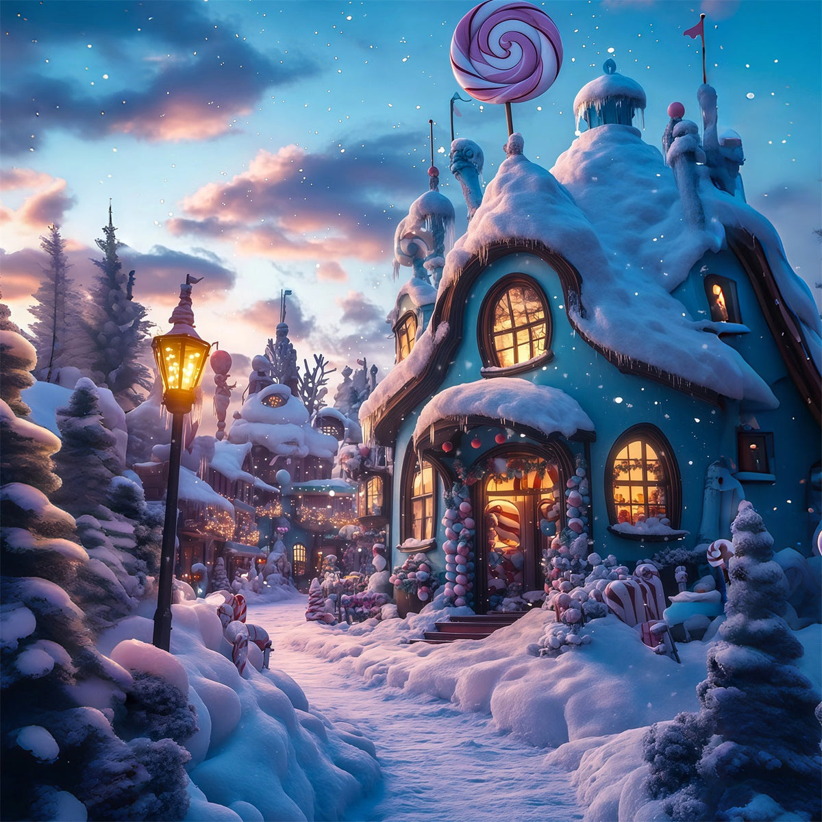 Christmas Village Backdrop Candyland Snowy Cottage Indoor Christmas Backdrops UK RR69-28