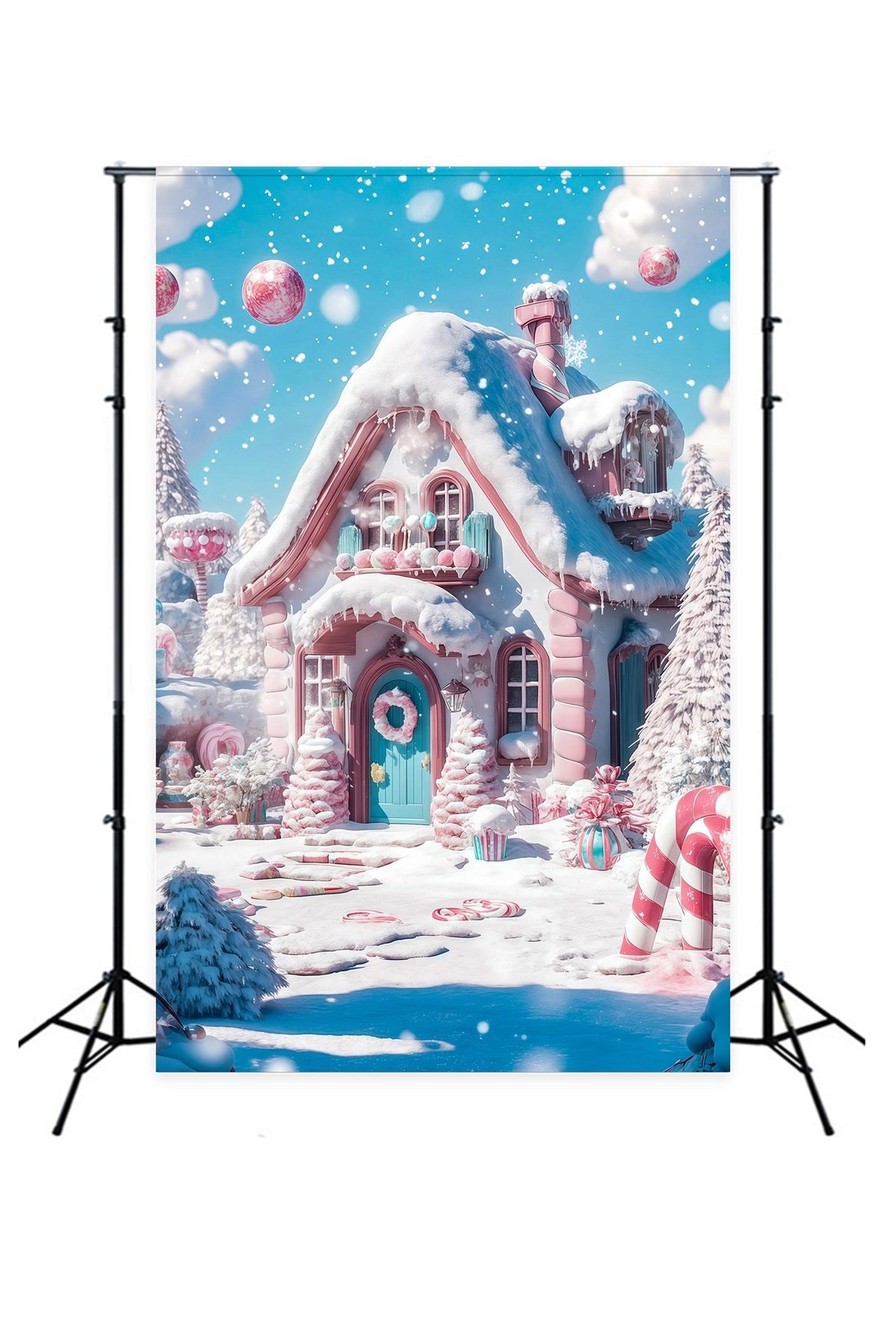 Candyland Christmas Backdrop Snowy Pink Candy Cottage Professional Christmas Backdrop UK RR69-29