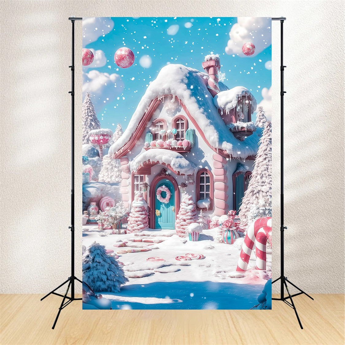 Candyland Christmas Backdrop Snowy Pink Candy Cottage Professional Christmas Backdrop UK RR69-29