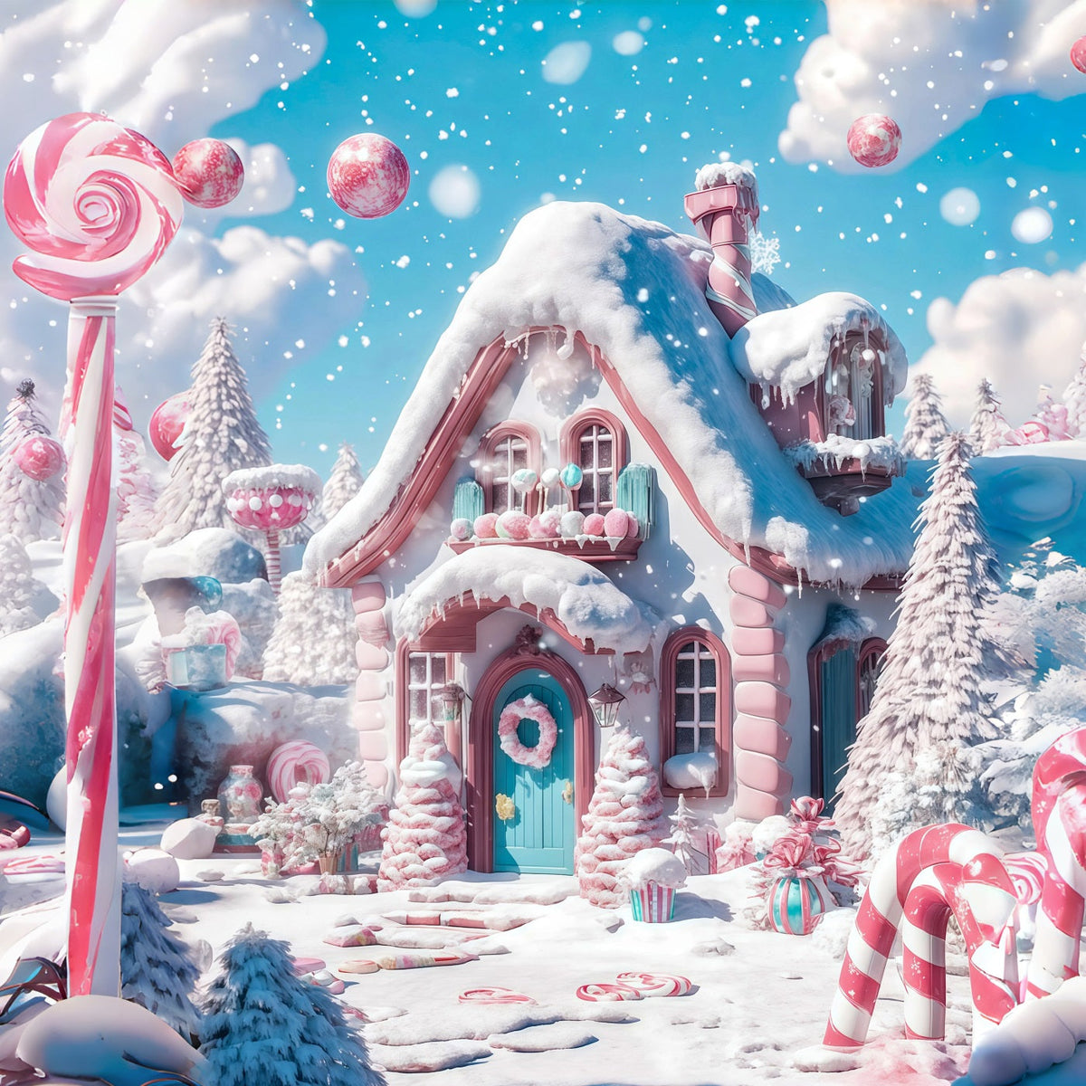 Candyland Christmas Backdrop Snowy Pink Candy Cottage Professional Christmas Backdrop UK RR69-29