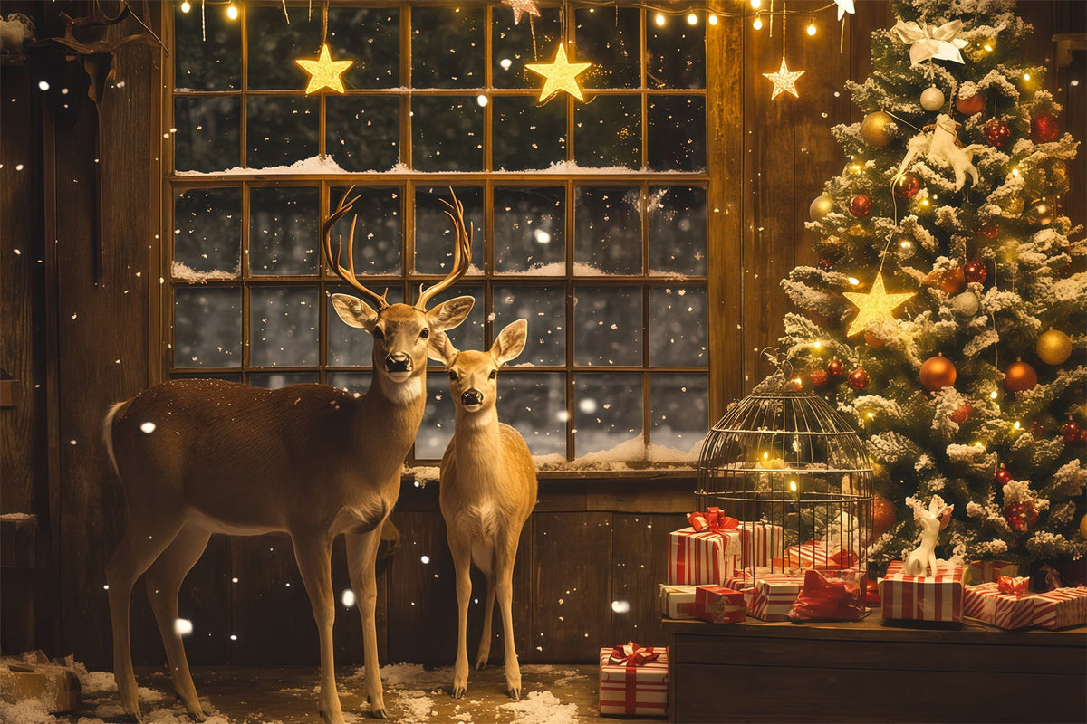 Christmas Window Backdrop Deer Stars Gift Corner Christmas Photography Backdrop UK RR69-3