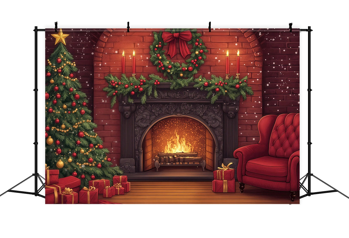 Cute Christmas Backdrop Brick Fireplace Garland Glow Photographic Backdrops Christmas UK RR69-33