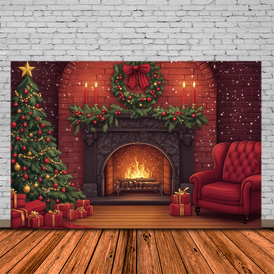 Cute Christmas Backdrop Brick Fireplace Garland Glow Photographic Backdrops Christmas UK RR69-33