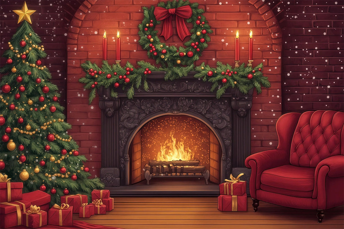 Cute Christmas Backdrop Brick Fireplace Garland Glow Photographic Backdrops Christmas UK RR69-33