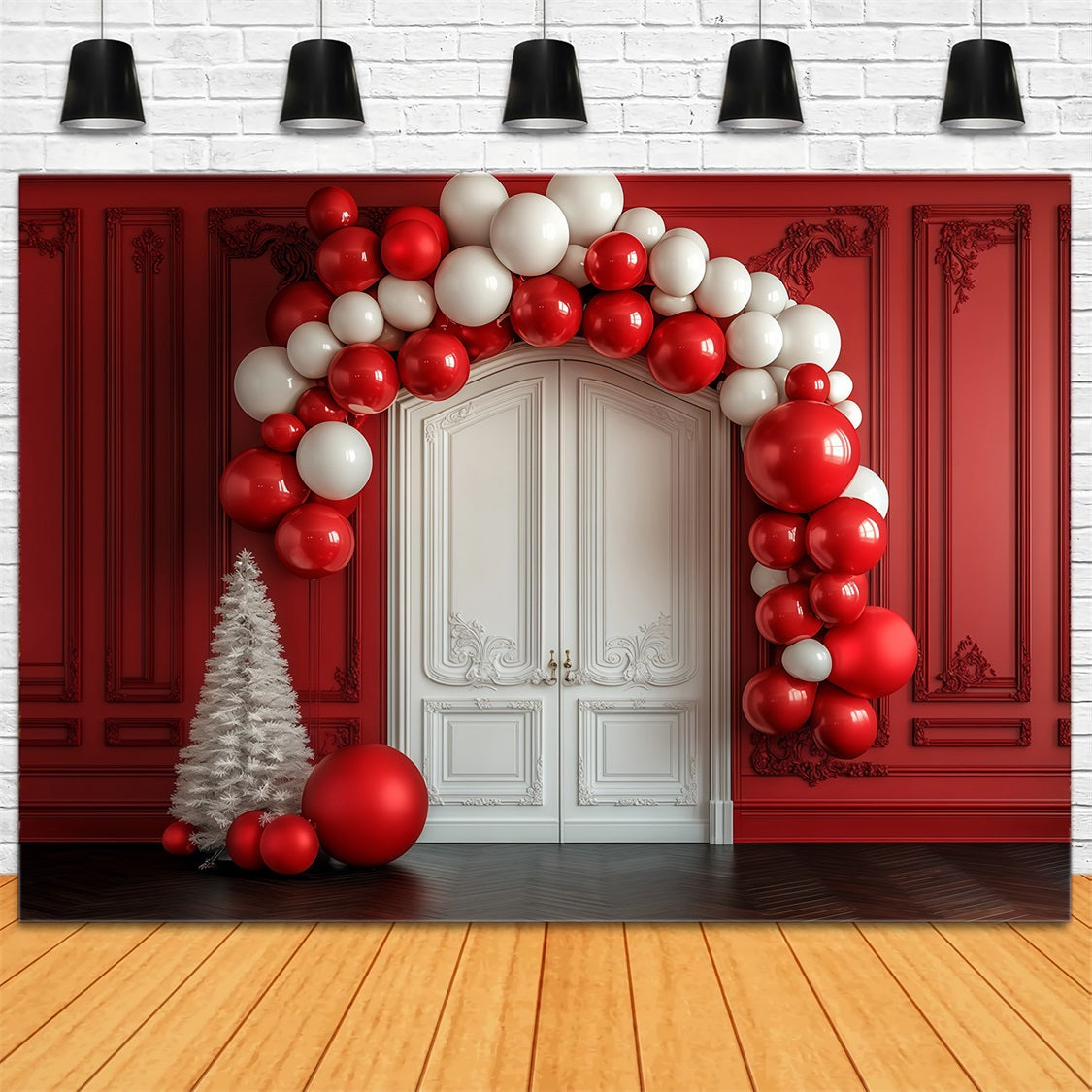 Christmas Balloon Arch Backdrop Red Wall White Door Entrance Christmas Backdrops UK RR69-36