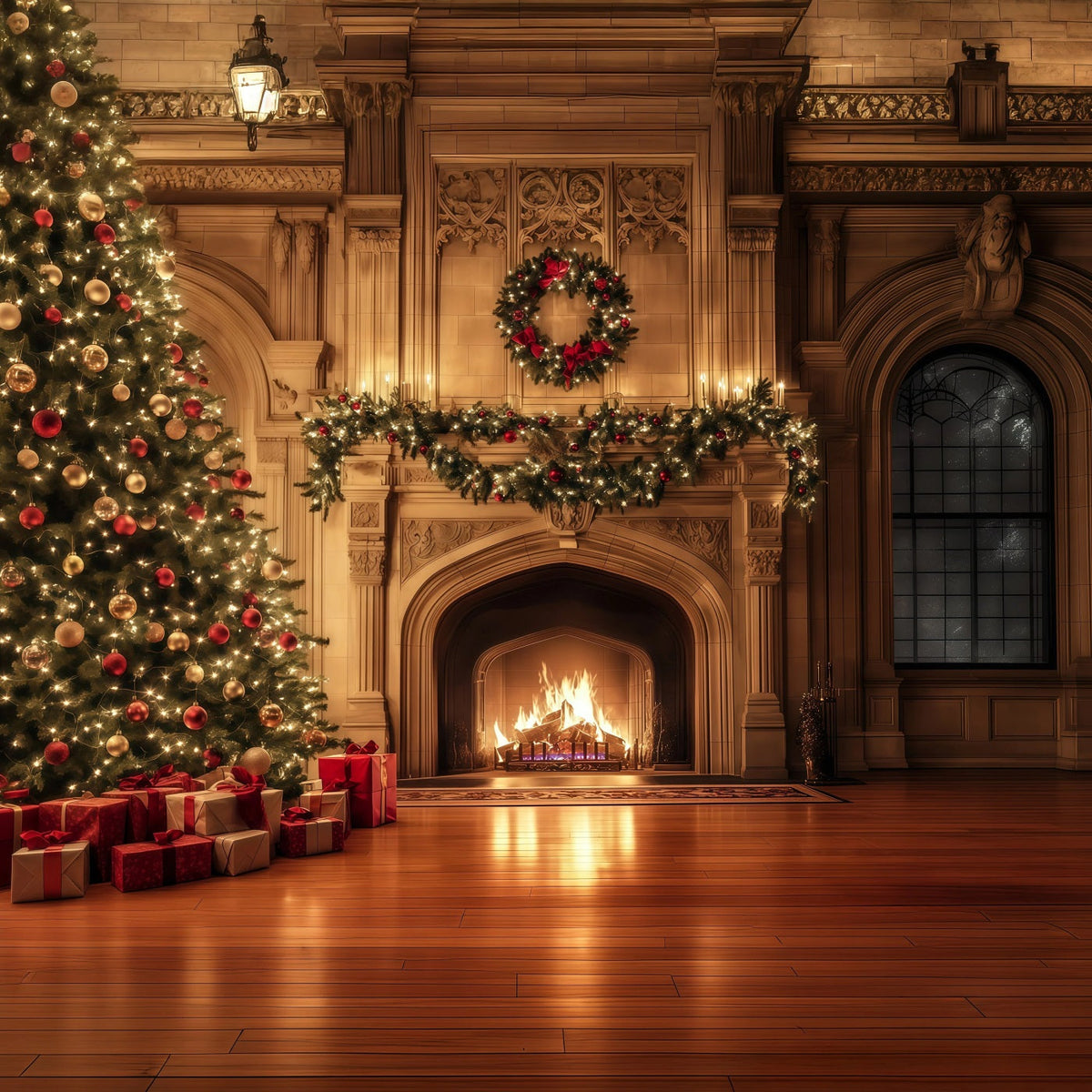 Cozy Christmas Backdrop Luxury Fireplace Garland Glow Christmas Photo Backdrop UK RR69-37