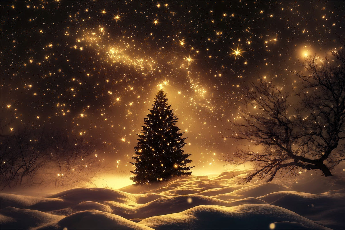Christmas Snow Backdrop Golden Starry Snowfield Tree Christmas Photo Backdrops UK RR69-38