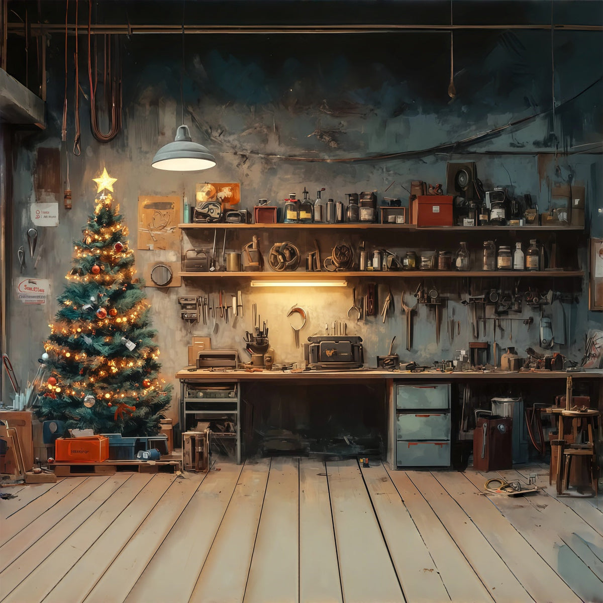 Santa Workshop Backdrop Rustic Room Tree Corner Professional Christmas Backdrops UK RR69-4