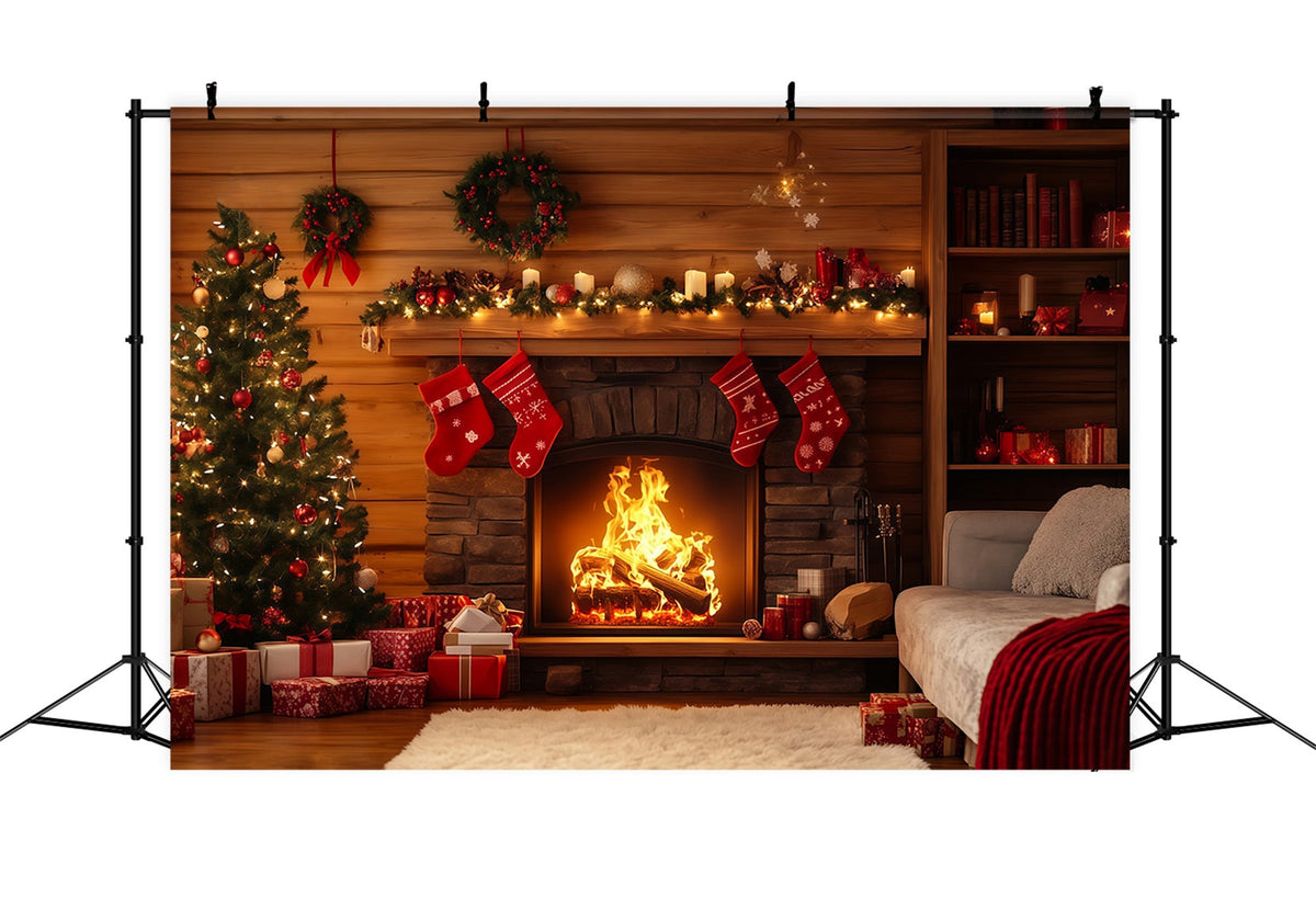 Rustic Christmas Backdrop Cabin Fireplace Stocking Decor Christmas Photography Backdrop UK RR69-40