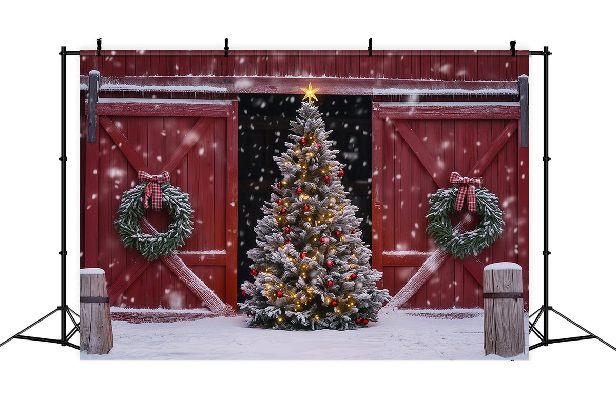 Christmas Barn Door Backdrop Snowy Barn Tree Wreath Professional Christmas Backdrops UK RR69-41