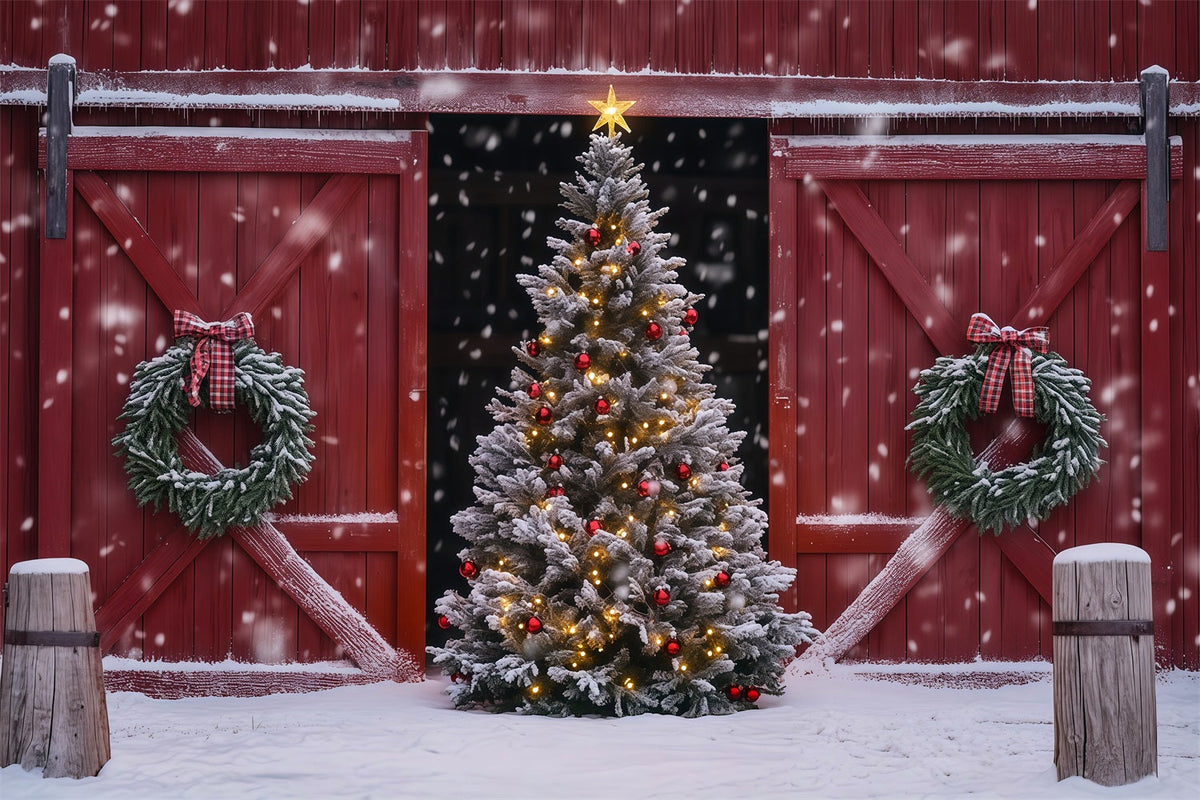 Christmas Barn Door Backdrop Snowy Barn Tree Wreath Professional Christmas Backdrops UK RR69-41