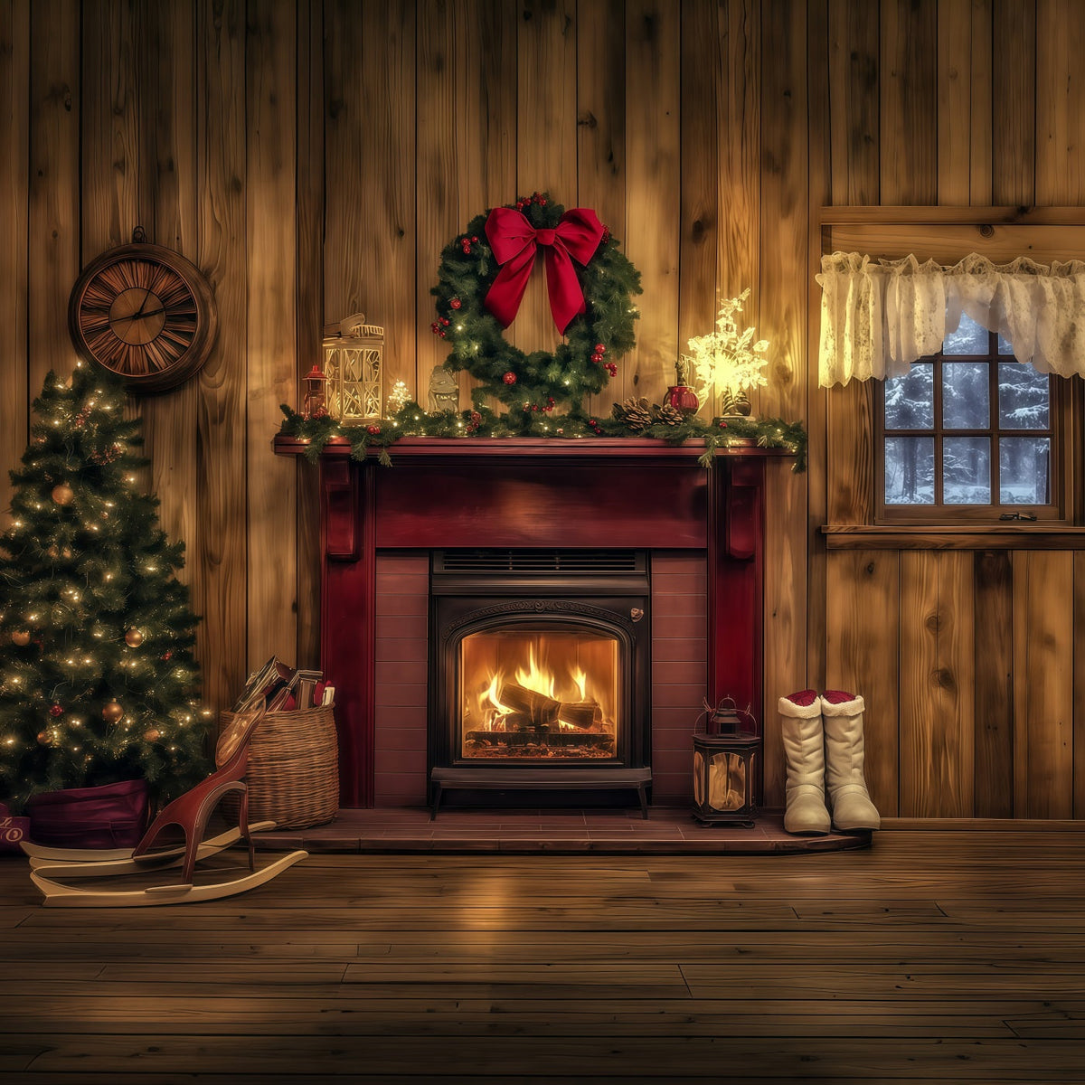 Wooden Christmas Backdrop Rustic Red Fireplace Mantel Large Christmas Backdrops UK RR69-44