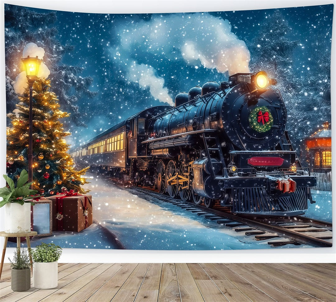 Christmas Train Backdrop Snowy Train Station Journey Large Christmas Backdrop UK RR69-47