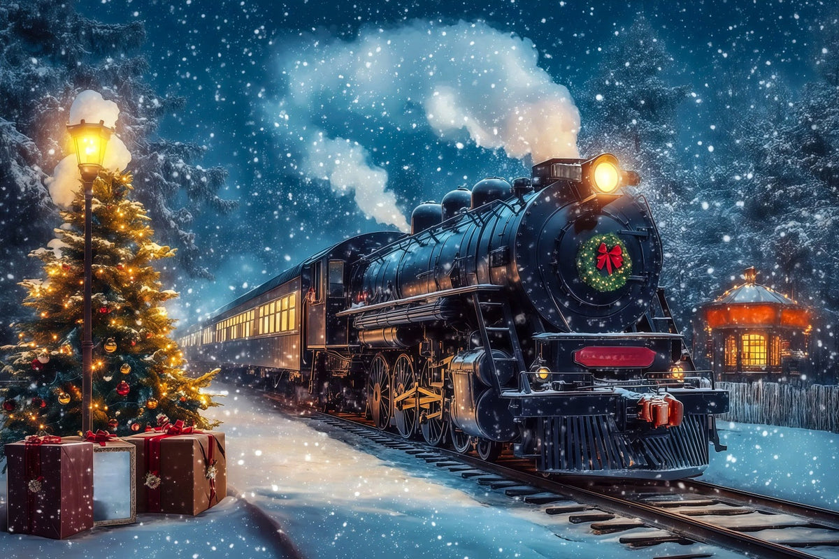 Christmas Train Backdrop Snowy Train Station Journey Large Christmas Backdrop UK RR69-47