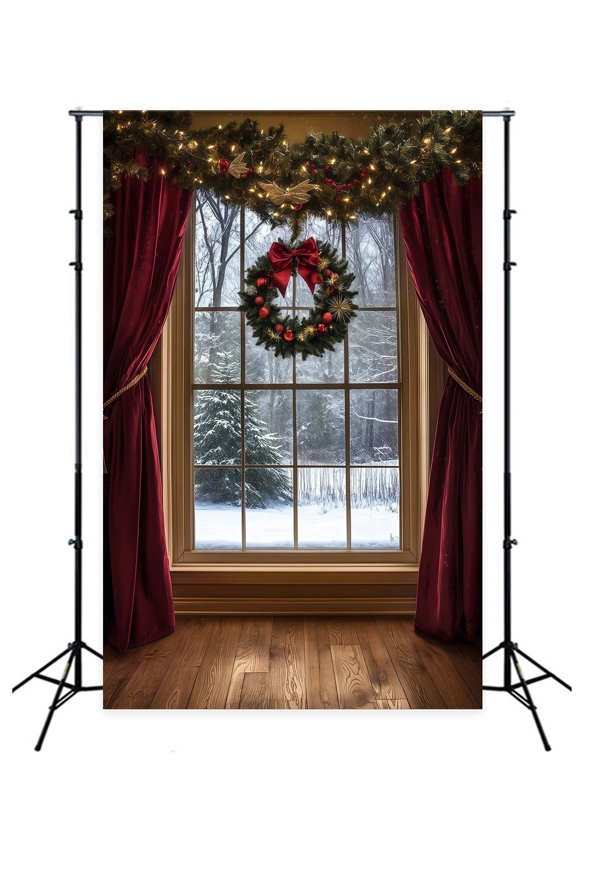 Christmas Window Backdrop Snowy View Velvet Curtain Photography Christmas Backdrop UK RR69-49
