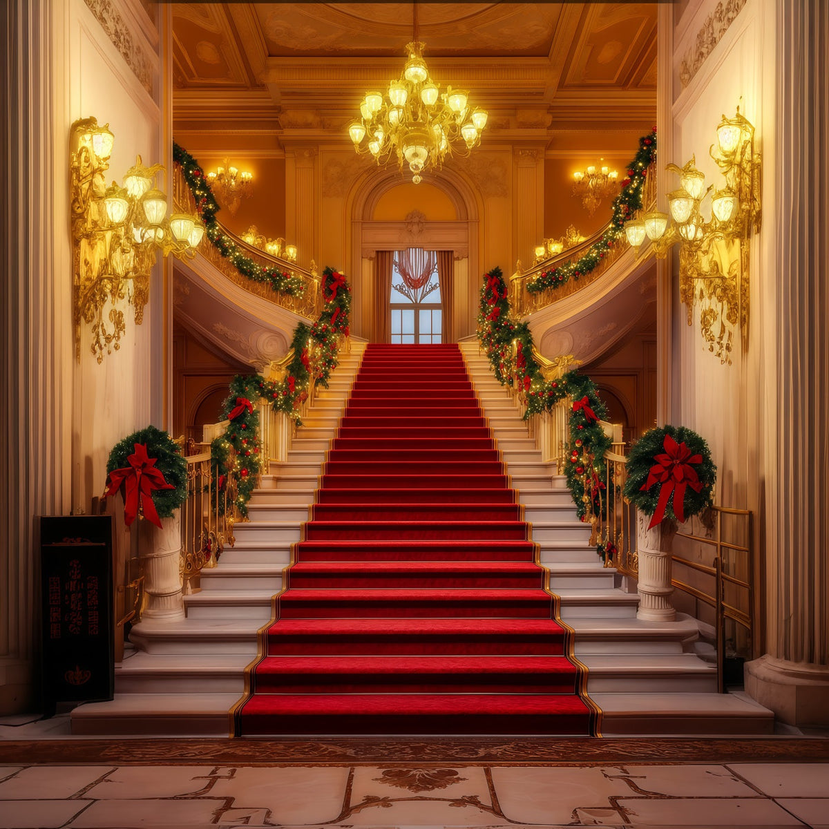 Christmas Stage Backdrops Grand Chandelier Staircase Hall Christmas Photography Backdrops UK RR69-5