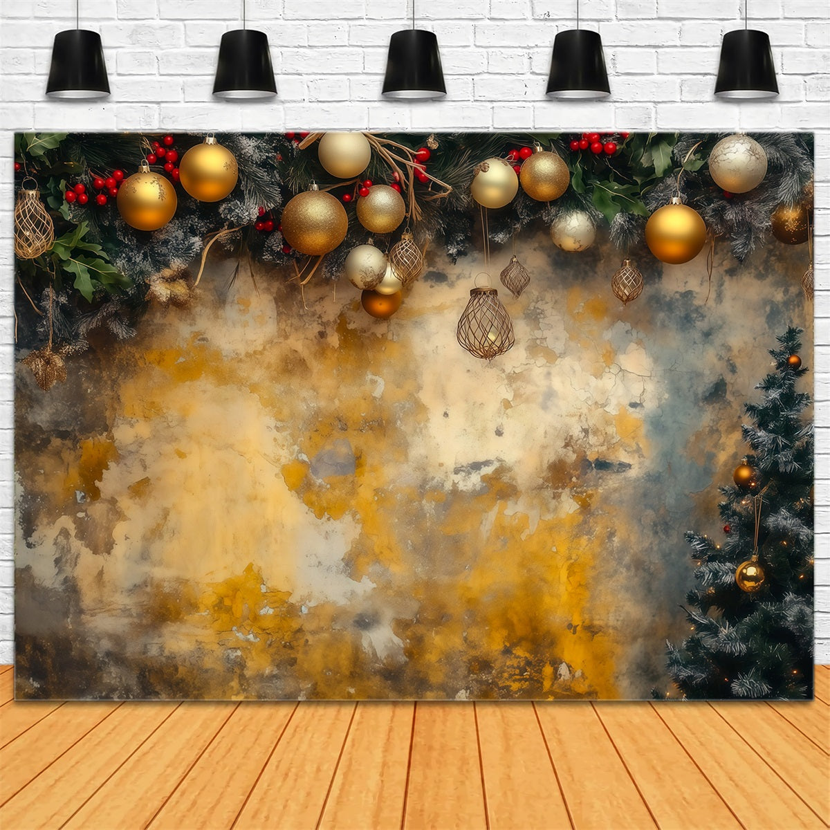 Christmas Ball Backdrop Golden Ornament Garland Wall Studio Backdrops Christmas UK RR69-56