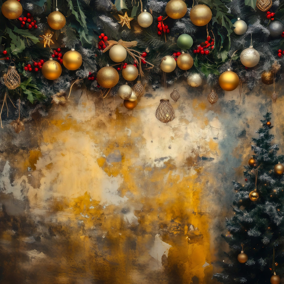 Christmas Ball Backdrop Golden Ornament Garland Wall Studio Backdrops Christmas UK RR69-56