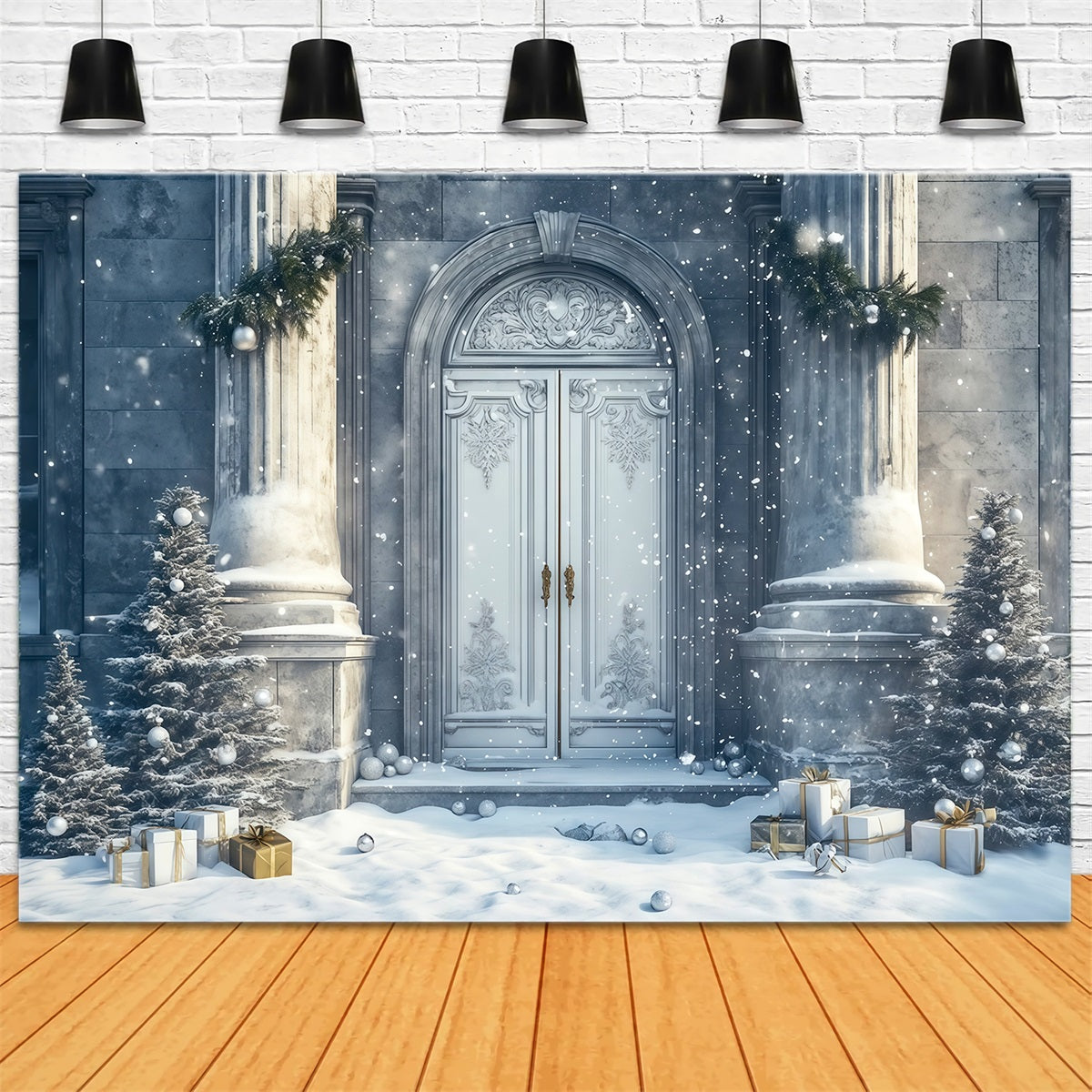 Christmas House Backdrop Snowy Palace Entrance Photo Christmas Backdrop UK RR69-57