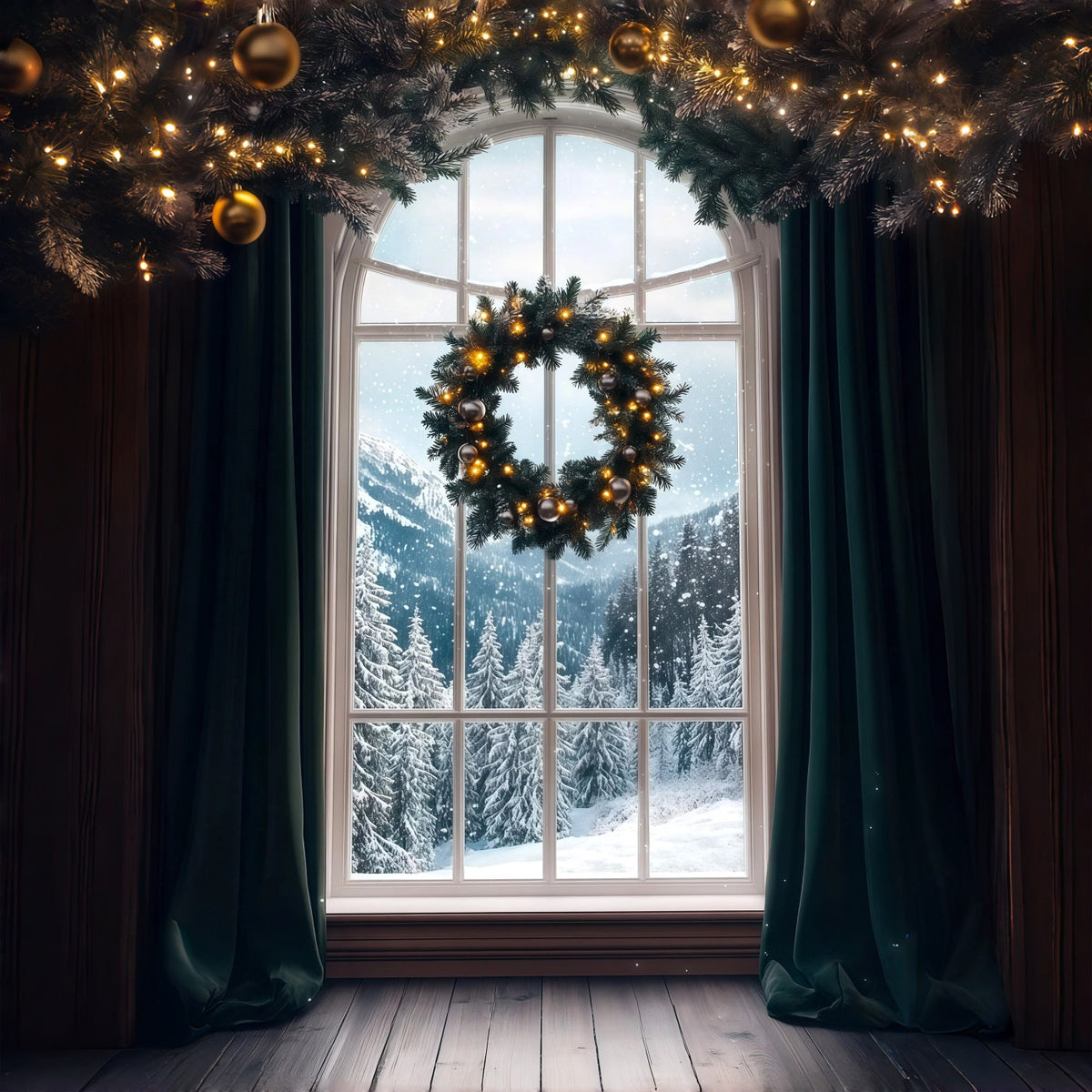 Christmas Window Backdrop Wreath Mountain Snow View Photo Christmas Backdrops UK RR69-58