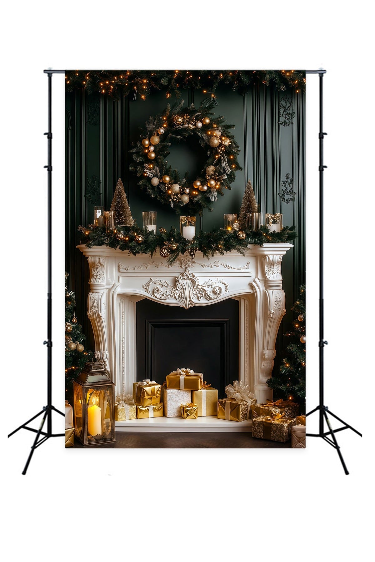 Fireplace Christmas Backdrop Elegant Dark Mantel Glow Studio Christmas Backdrop UK RR69-60