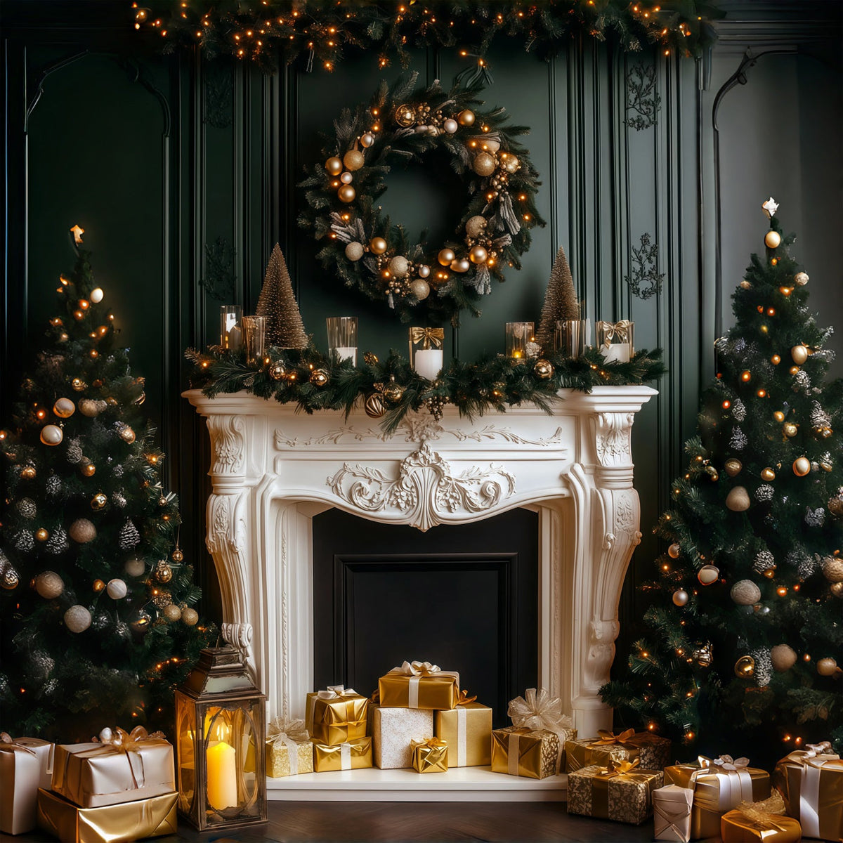 Fireplace Christmas Backdrop Elegant Dark Mantel Glow Studio Christmas Backdrop UK RR69-60