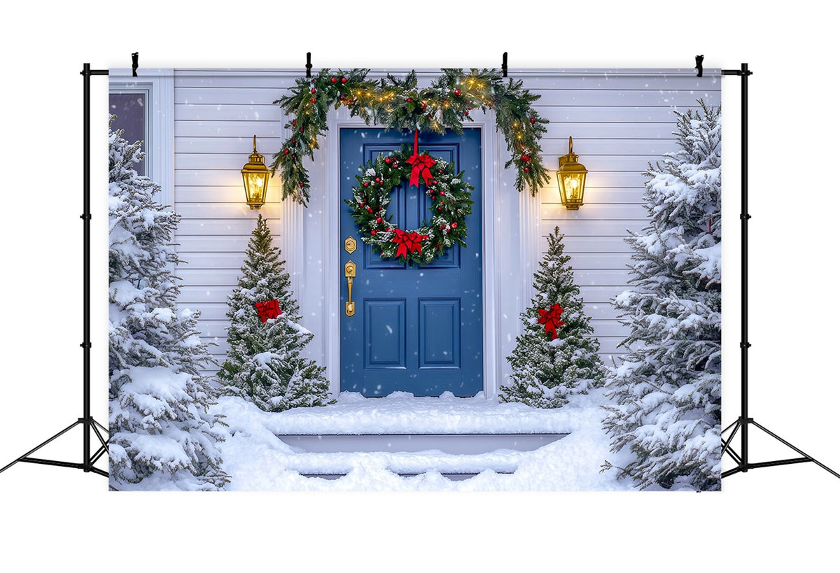 Christmas House Backdrop Blue Door Wreath Photo Backdrop Christmas UK RR69-63