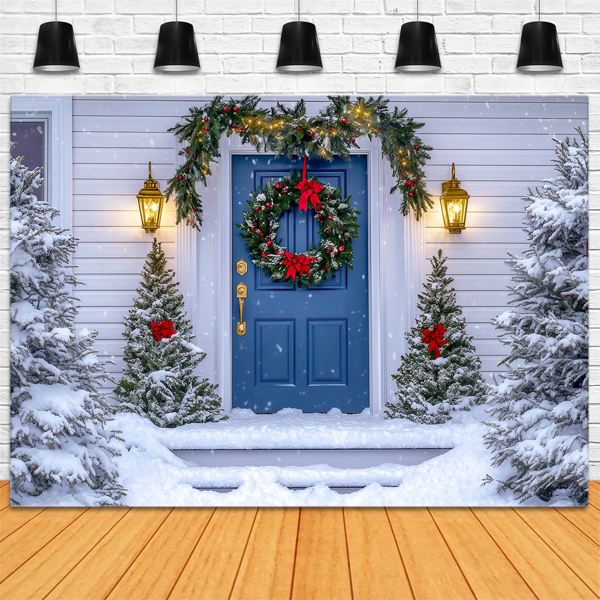Christmas House Backdrop Blue Door Wreath Photo Backdrop Christmas UK RR69-63