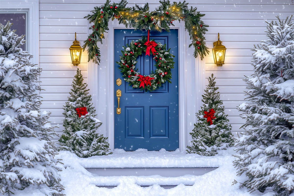 Christmas House Backdrop Blue Door Wreath Photo Backdrop Christmas UK RR69-63