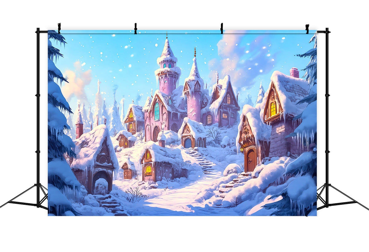 Pink Christmas Backdrop Snowy Village Castle Large Christmas Backdrops UK RR69-64