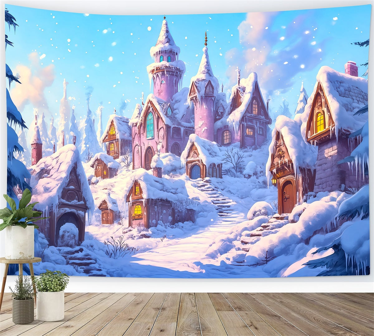 Pink Christmas Backdrop Snowy Village Castle Large Christmas Backdrops UK RR69-64