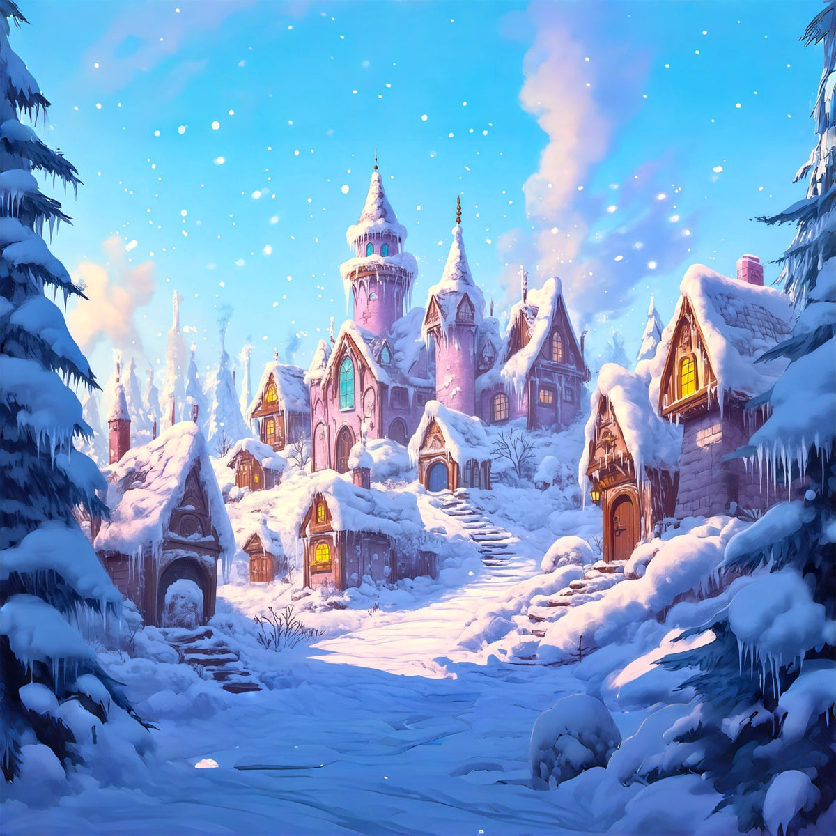 Pink Christmas Backdrop Snowy Village Castle Large Christmas Backdrops UK RR69-64