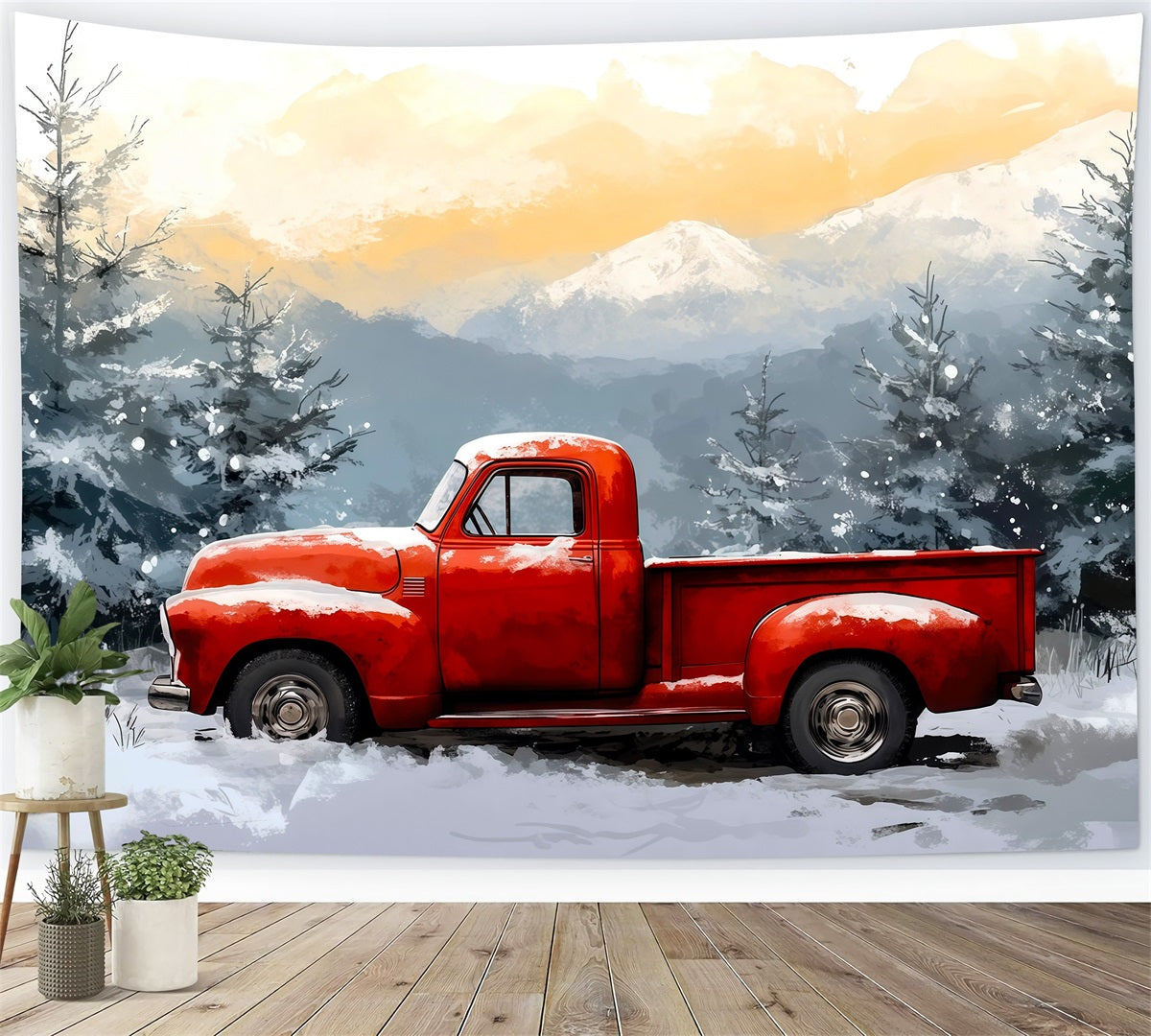 Red Truck Christmas Backdrop Winer Snowy Forest Christmas Wall Backdrop UK RR69-65