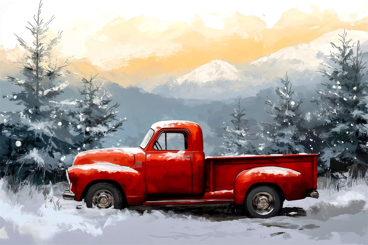 Red Truck Christmas Backdrop Winer Snowy Forest Christmas Wall Backdrop UK RR69-65