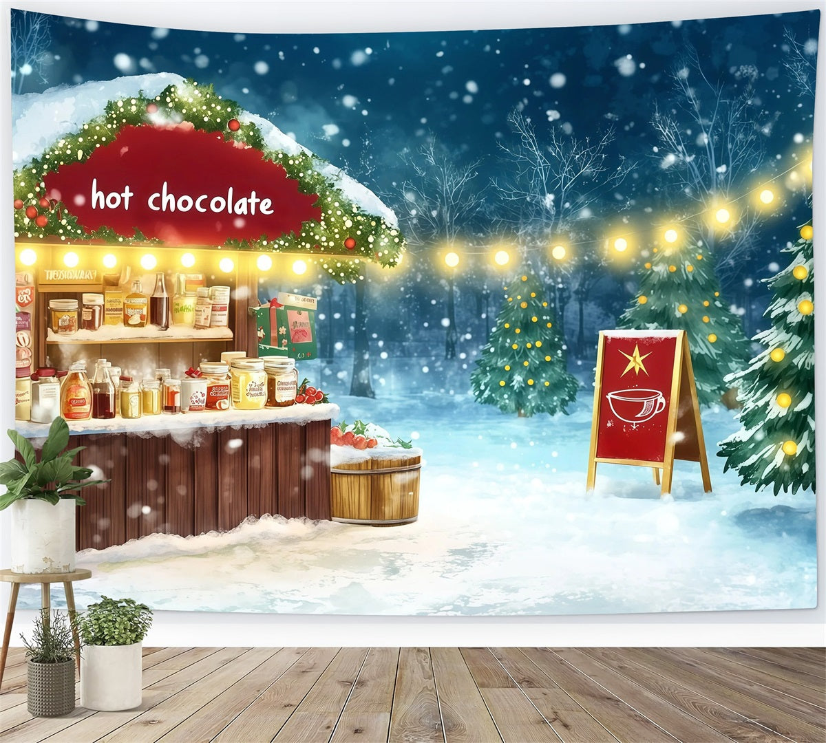Snowy Christmas Backdrop Hot Chocolate Market Photography Backdrops Christmas UK RR69-70