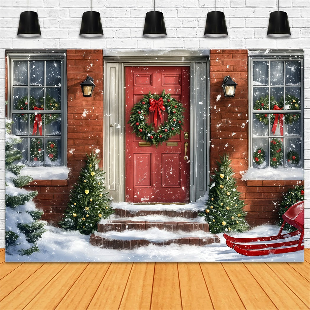 Christmas House Backdrop Snowy Red Door Sleigh Christmas Wall Backdrops UK RR69-72