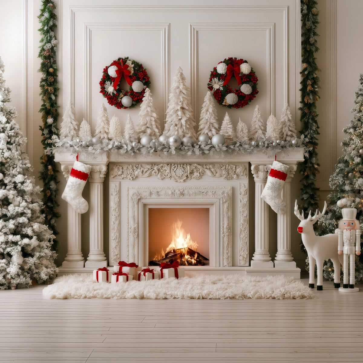 Christmas Fireplace Backdrop Snowy White Mantel Display Studio Christmas Backdrop UK RR69-80